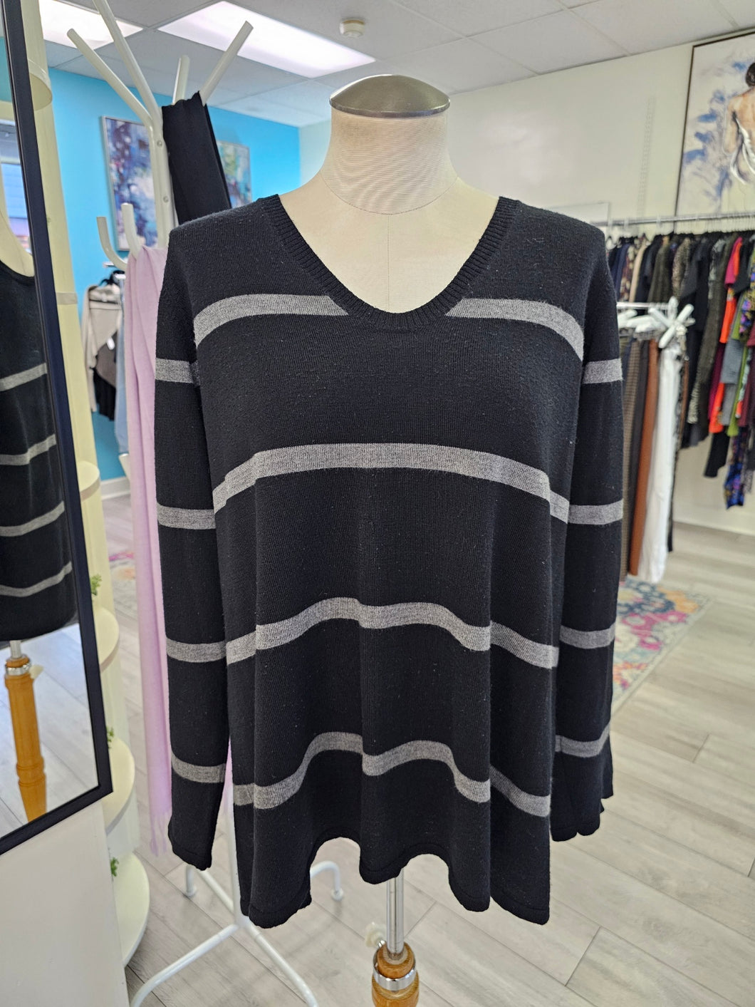 Eileen Fisher Merino Wool V-Neck In Black With Grey Stripes