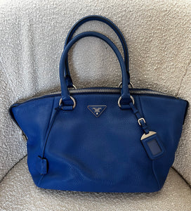 Prada Vitello Daino Double Handle Satchel Bag in Cobalt Blue
