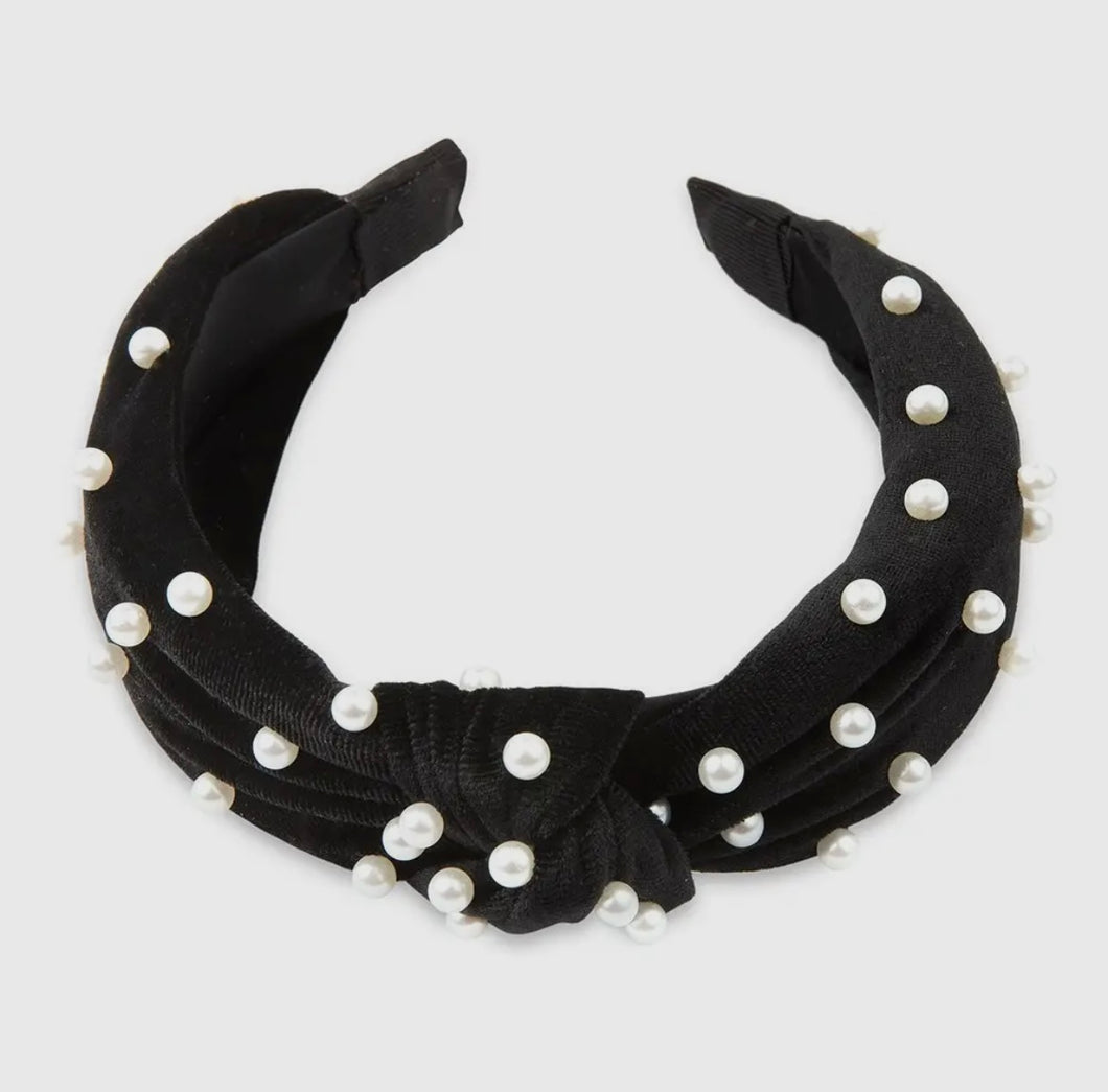 Wide Velvet & Pearl Knot Headband - Black (New)
